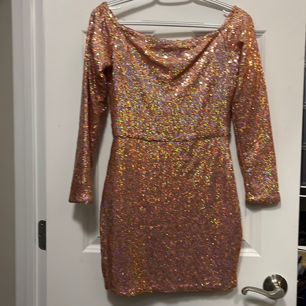 Sparkling Rose Gold Sequin Off-Shoulder Party Dress